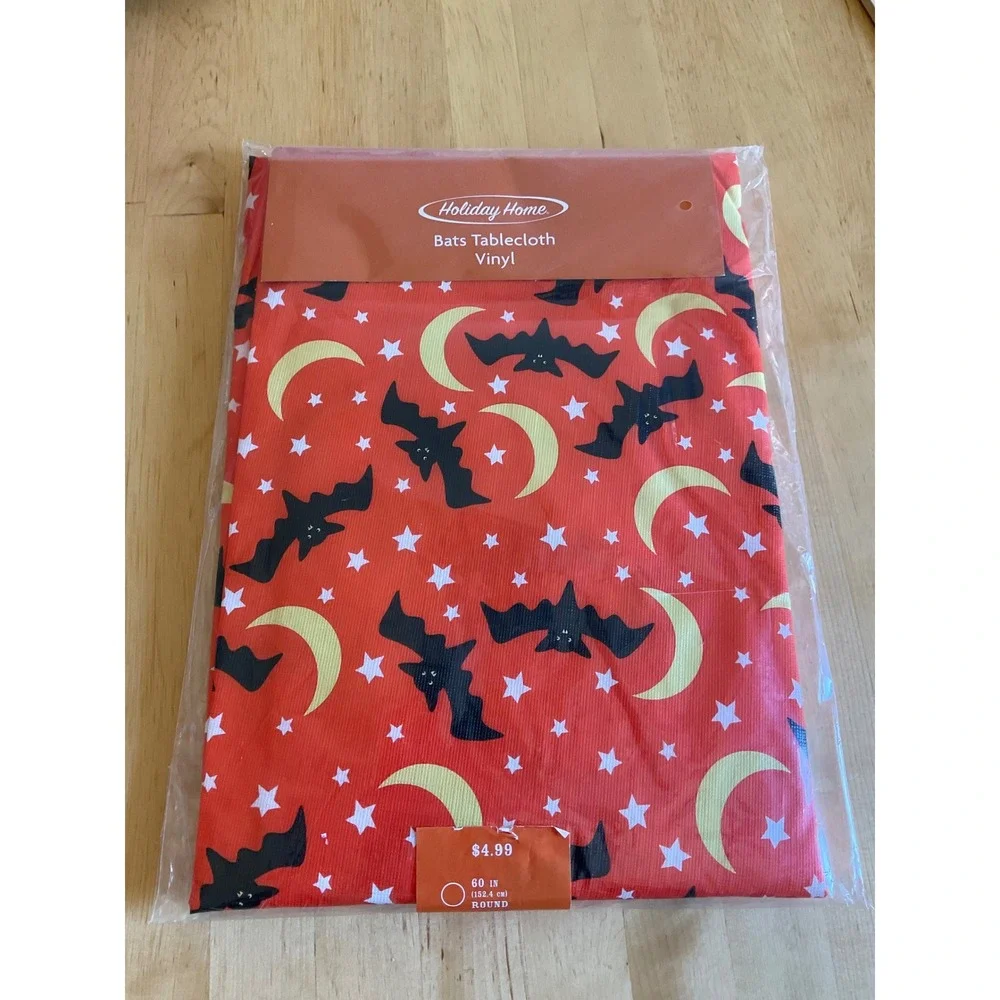 Holiday Home Halloween Bats Tablecloth Vinyl Orange Round 60 Inch PEVA New